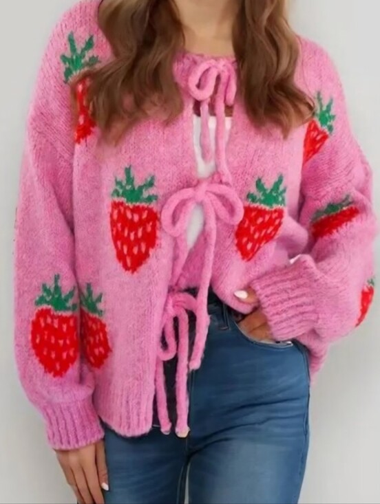 Sweaters - Strawberry Tie Front Cardigan Knit Pink